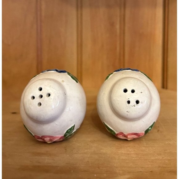 Vintage Pink Blue Flowers Ceramic Set of Salt and Pepper Shakers Floral Hand Pai - Picture 3 of 5